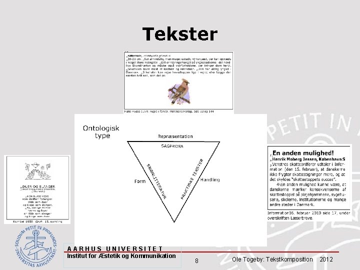 Tekster AARHUS UNIVERSITET Institut for Æstetik og Kommunikation 8 Ole Togeby: Tekstkomposition 2012 