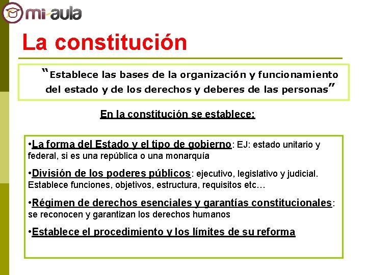 La constitución “Establece las bases de la organización y funcionamiento del estado y de