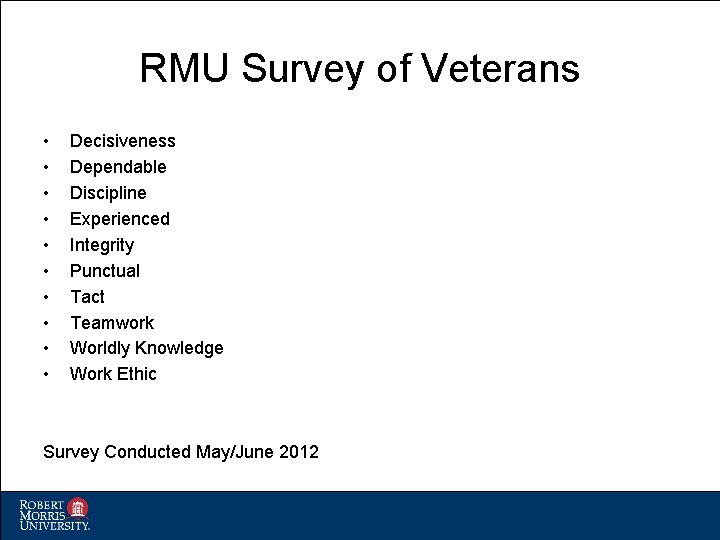 RMU Survey of Veterans • • • Decisiveness Dependable Discipline Experienced Integrity Punctual Tact