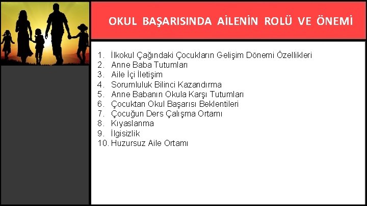 OKUL BAŞARISINDA AİLENİN ROLÜ VE ÖNEMİ 1. İlkokul Çağındaki Çocukların Gelişim Dönemi Özellikleri 2.