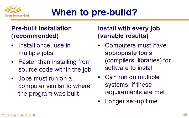 When to pre-build? Pre-built installation (recommended) • Install once, use in multiple jobs • When to pre-build? Pre-built installation (recommended) • Install once, use in multiple jobs •