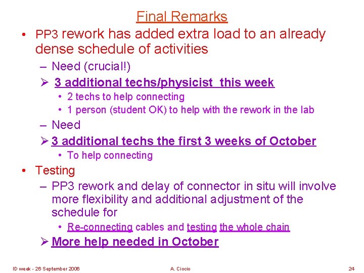 Final Remarks • PP 3 rework has added extra load to an already dense