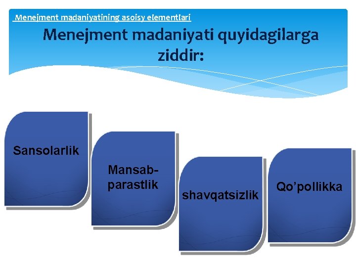 Menejment madaniyatining asoisy elementlari Menejment madaniyati quyidagilarga ziddir: Sansolarlik Mansabparastlik shavqatsizlik Qo’pollikka 