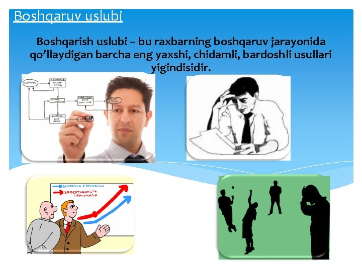 Boshqaruv uslubi Boshqarish uslubi – bu raxbarning boshqaruv jarayonida qo’llaydigan barcha eng yaxshi, chidamli,