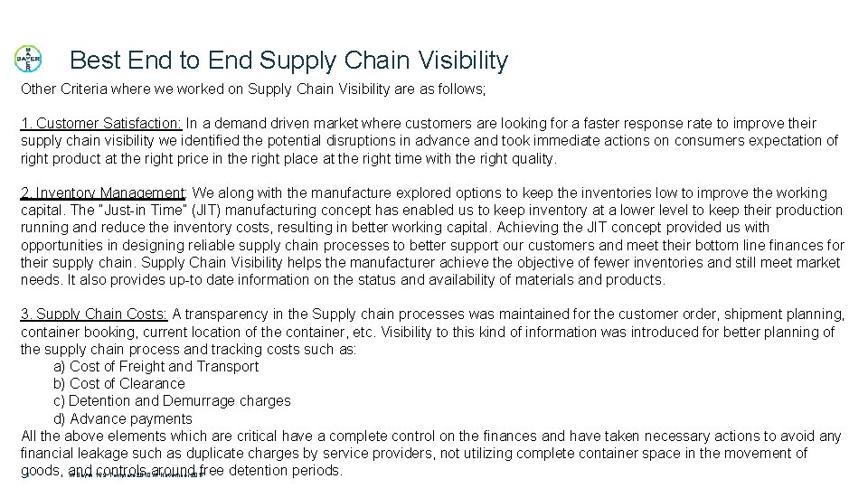 Best End to End Supply Chain Visibility Other Criteria where we worked on Supply