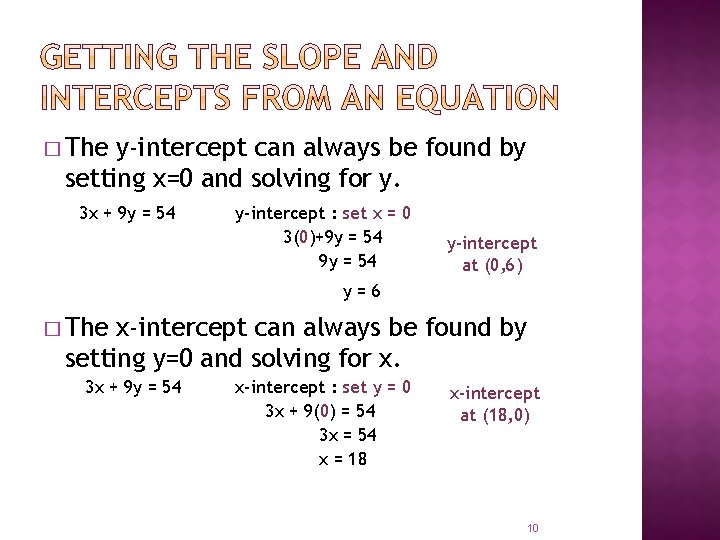 � The y-intercept can always be found by setting x=0 and solving for y. � The y-intercept can always be found by setting x=0 and solving for y.