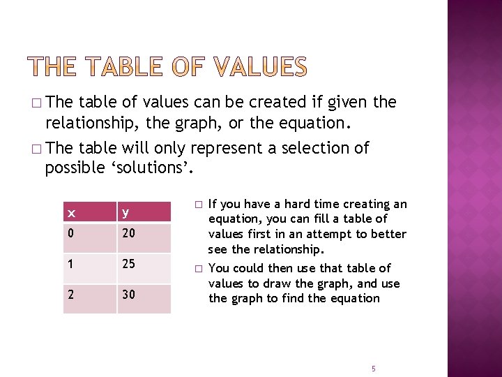� The table of values can be created if given the relationship, the graph,