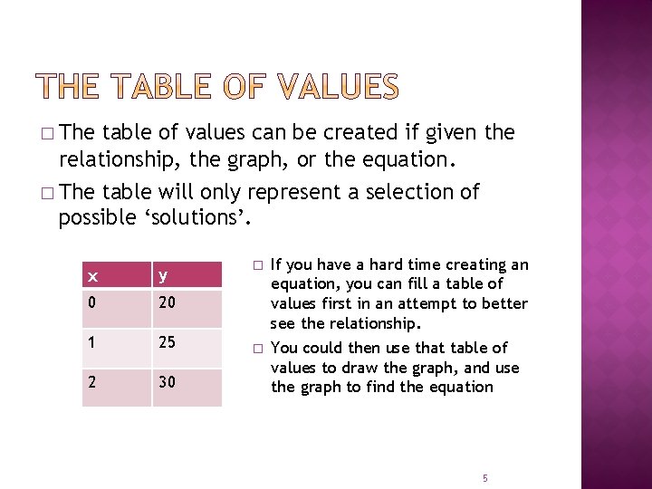 � The table of values can be created if given the relationship, the graph, � The table of values can be created if given the relationship, the graph,