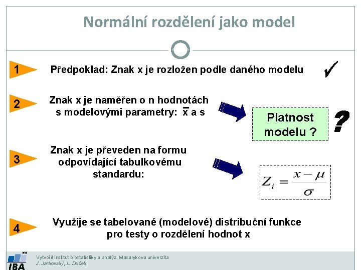 Normální rozdělení jako model 1 Předpoklad: Znak x je rozložen podle daného modelu 2