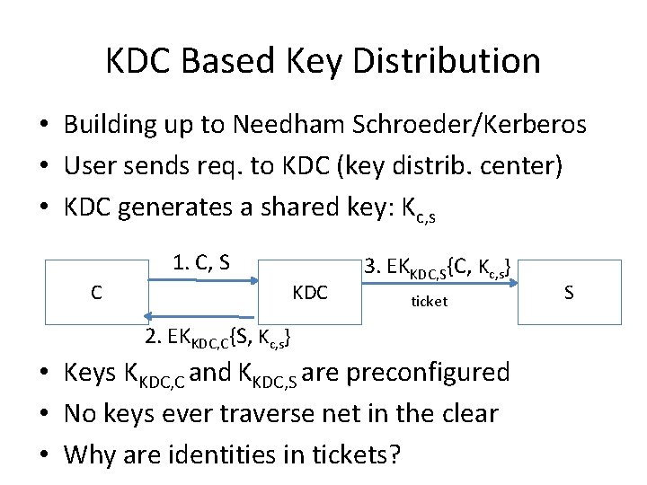 KDC Based Key Distribution • Building up to Needham Schroeder/Kerberos • User sends req.