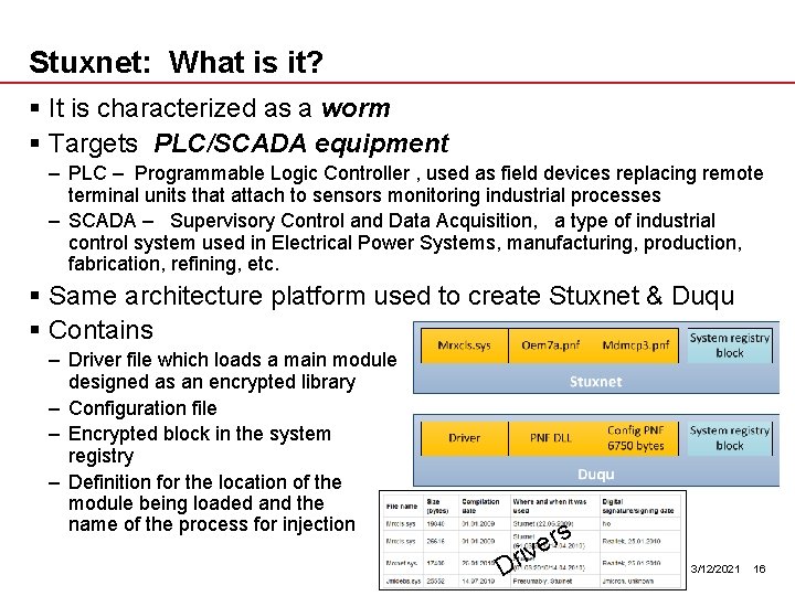 Stuxnet: What is it? § It is characterized as a worm § Targets PLC/SCADA