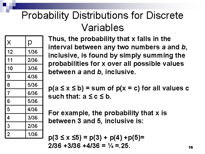 Probability Distributions for Discrete Variables x p 12 1/36 11 2/36 10 3/36 9