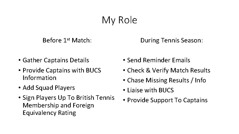 My Role Before 1 st Match: • Gather Captains Details • Provide Captains with My Role Before 1 st Match: • Gather Captains Details • Provide Captains with