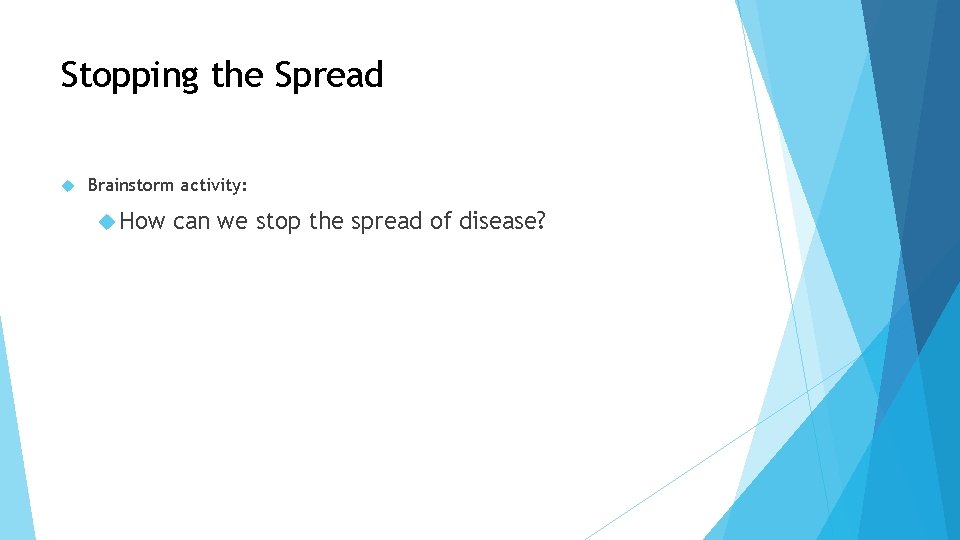 Stopping the Spread Brainstorm activity: How can we stop the spread of disease? 