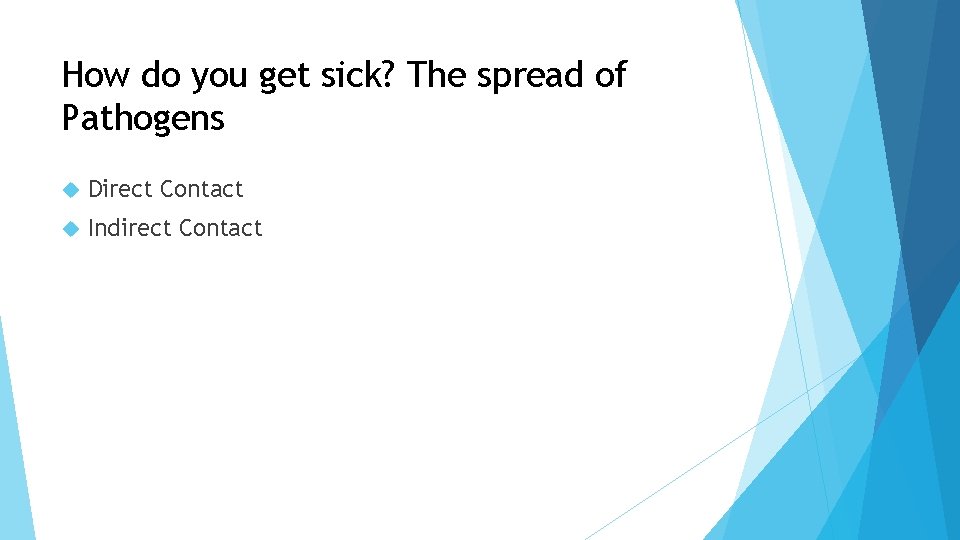 How do you get sick? The spread of Pathogens Direct Contact Indirect Contact 