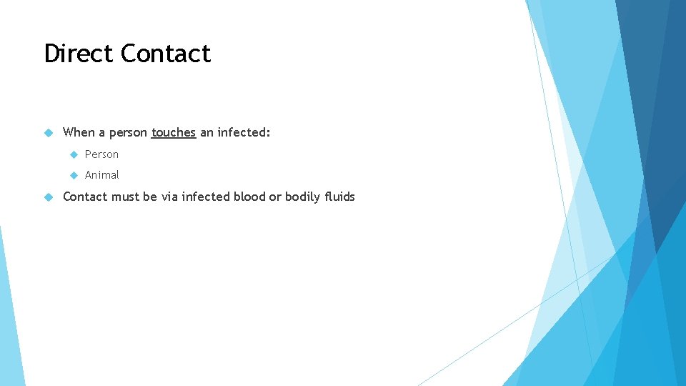 Direct Contact When a person touches an infected: Person Animal Contact must be via