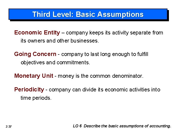 Third Level: Basic Assumptions Economic Entity – company keeps its activity separate from its