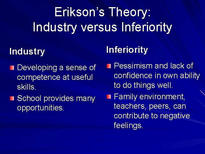 Erikson’s Theory: Industry versus Inferiority Industry Developing a sense of competence at useful skills.