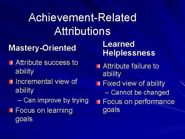 Achievement-Related Attributions Mastery-Oriented Attribute success to ability Incremental view of ability – Can improve