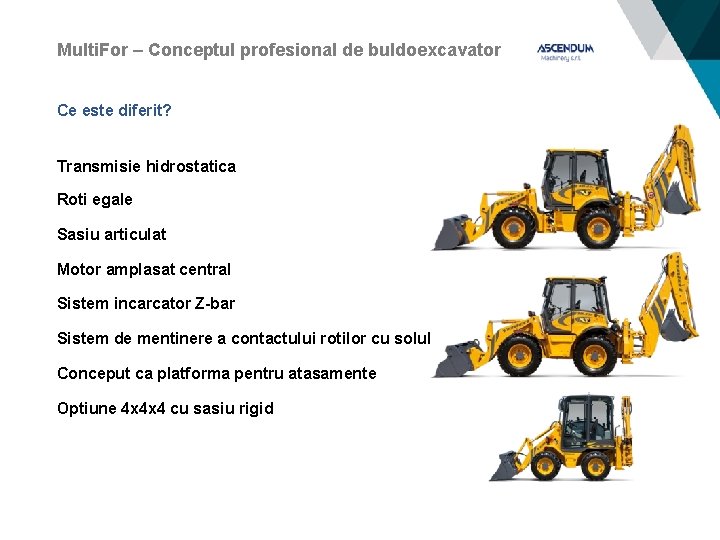 Multi. For – Conceptul profesional de buldoexcavator Ce este diferit? Transmisie hidrostatica Roti egale