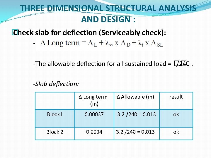 THREE DIMENSIONAL STRUCTURAL ANALYSIS AND DESIGN : � Check slab for deflection (Serviceably check):