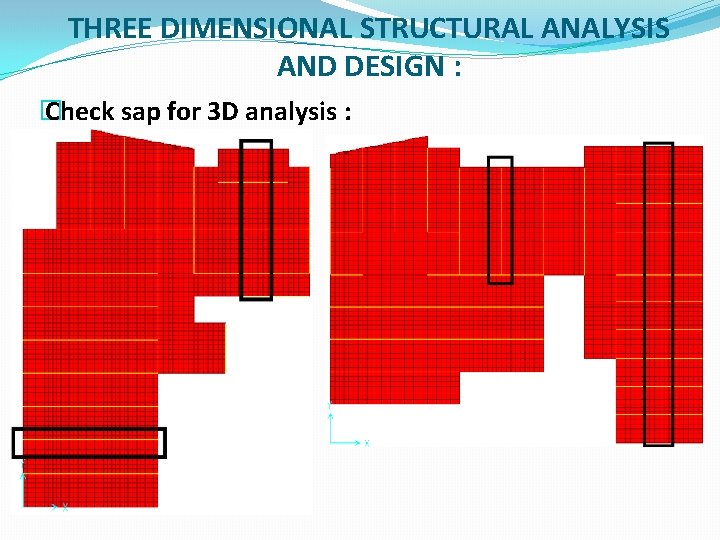 THREE DIMENSIONAL STRUCTURAL ANALYSIS AND DESIGN : � Check sap for 3 D analysis