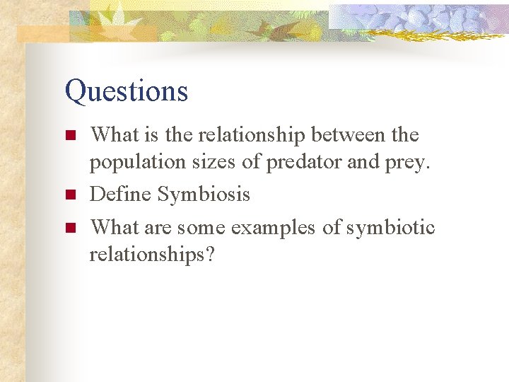 Questions n n n What is the relationship between the population sizes of predator