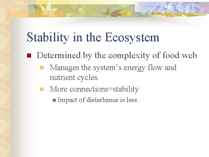 Stability in the Ecosystem n Determined by the complexity of food web n n