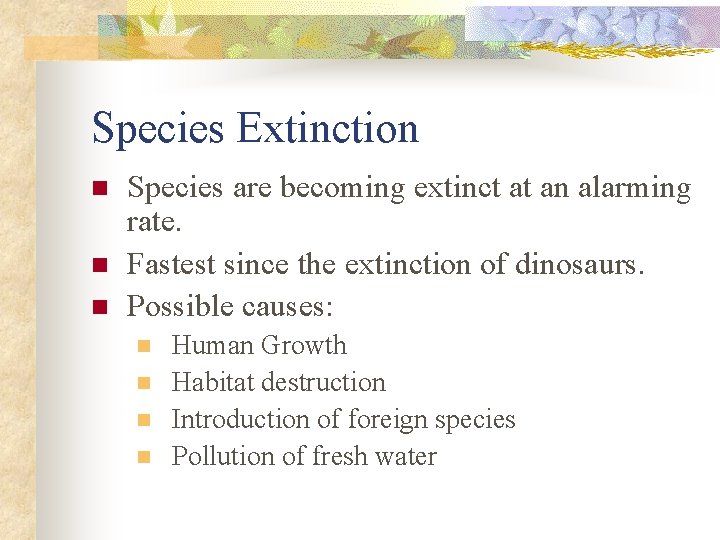 Species Extinction n Species are becoming extinct at an alarming rate. Fastest since the