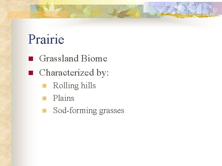 Prairie n n Grassland Biome Characterized by: n n n Rolling hills Plains Sod-forming