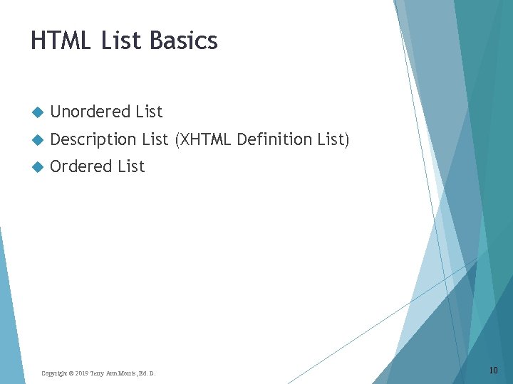 HTML List Basics Unordered List Description List (XHTML Definition List) Ordered List Copyright ©