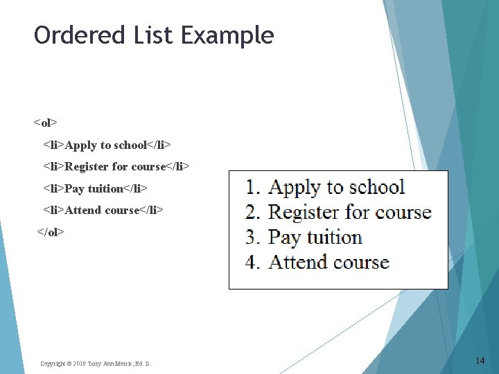 Ordered List Example <ol> <li>Apply to school</li> <li>Register for course</li> <li>Pay tuition</li> <li>Attend course</li>