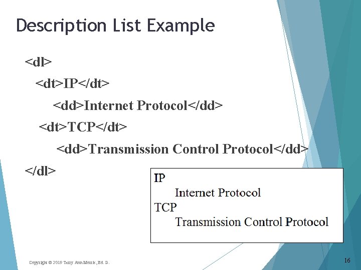 Description List Example <dl> <dt>IP</dt> <dd>Internet Protocol</dd> <dt>TCP</dt> <dd>Transmission Control Protocol</dd> </dl> Copyright ©