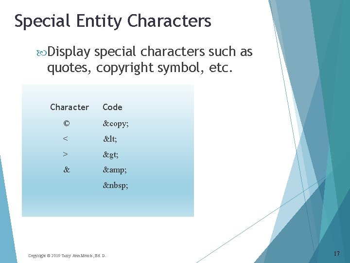 Special Entity Characters Display special characters such as quotes, copyright symbol, etc. Character Code