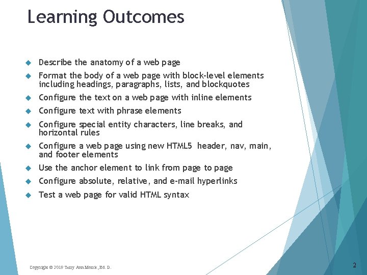 Learning Outcomes Describe the anatomy of a web page Format the body of a