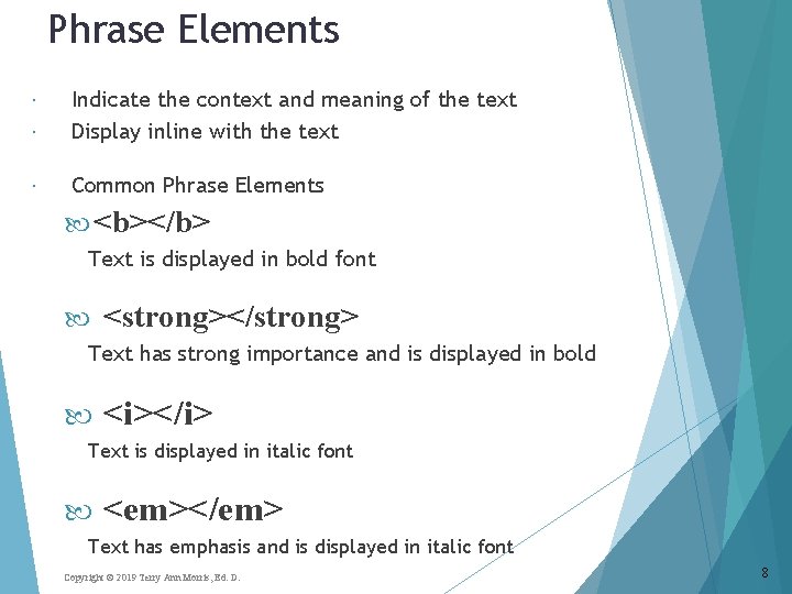 Phrase Elements Indicate the context and meaning of the text Display inline with the