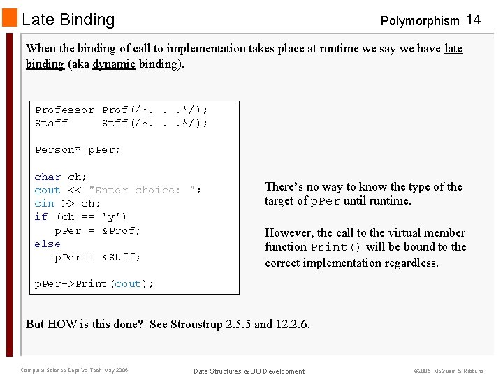 Late Binding Polymorphism 14 When the binding of call to implementation takes place at