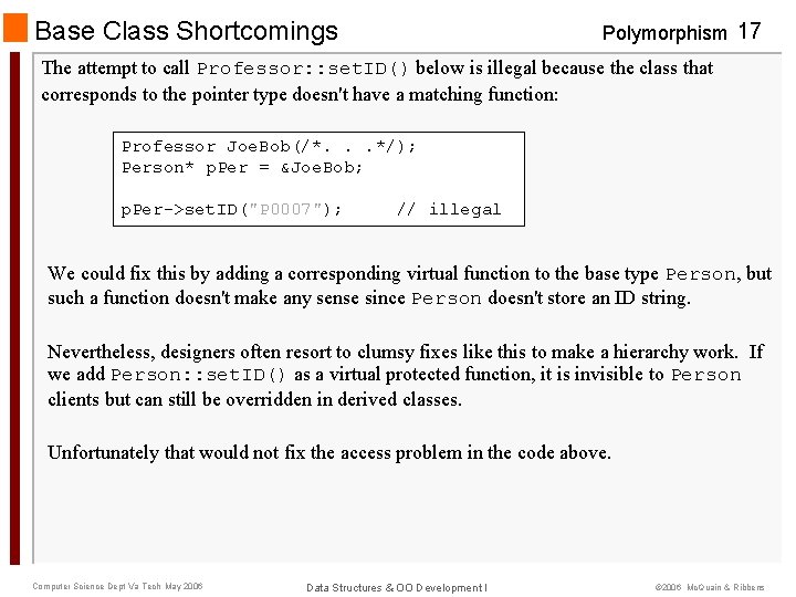 Base Class Shortcomings Polymorphism 17 The attempt to call Professor: : set. ID() below