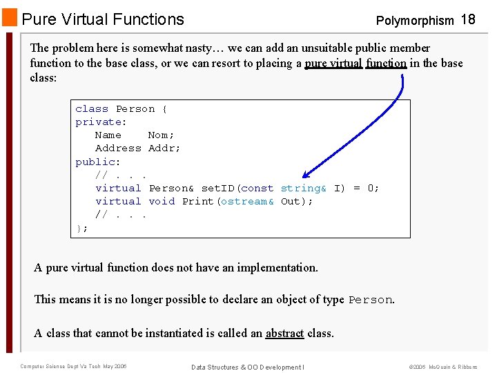 Pure Virtual Functions Polymorphism 18 The problem here is somewhat nasty… we can add
