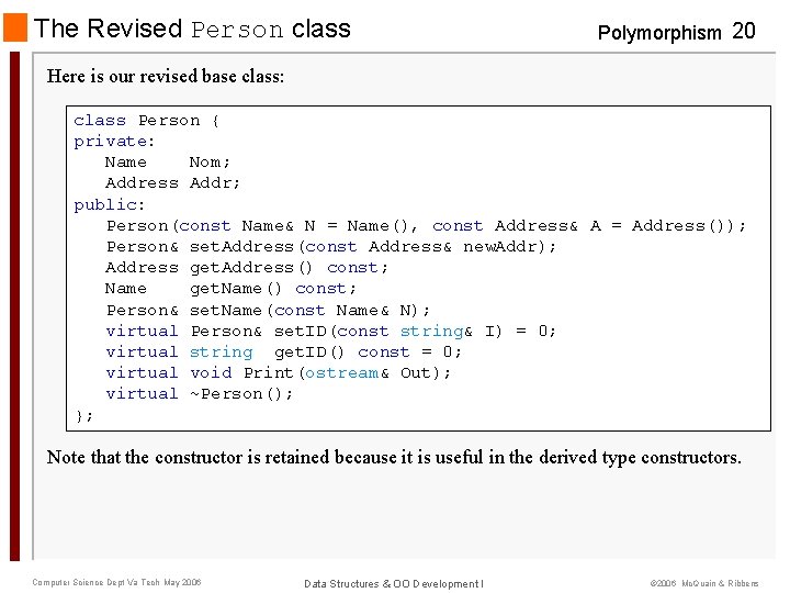 The Revised Person class Polymorphism 20 Here is our revised base class: class Person
