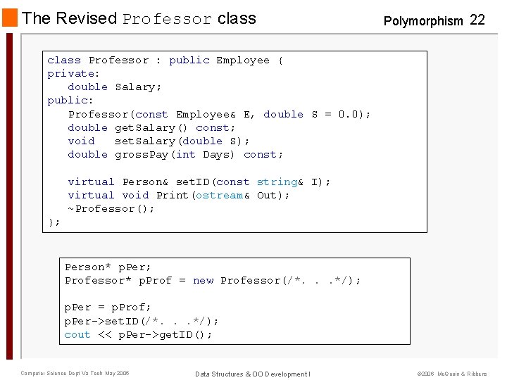 The Revised Professor class Polymorphism 22 class Professor : public Employee { private: double