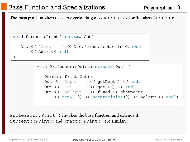 Base Function and Specializations Polymorphism 3 The base print function uses an overloading of