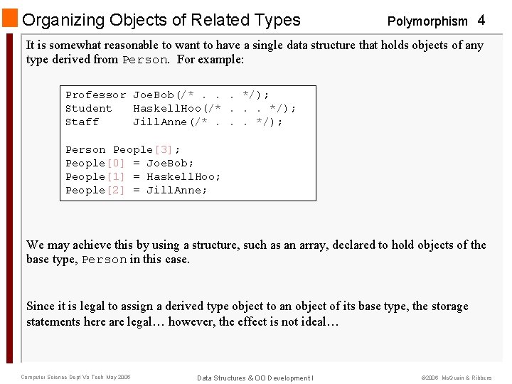 Organizing Objects of Related Types Polymorphism 4 It is somewhat reasonable to want to