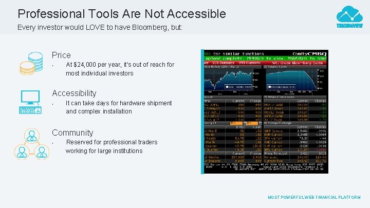 Professional Tools Are Not Accessible Every investor would LOVE to have Bloomberg, but: Price