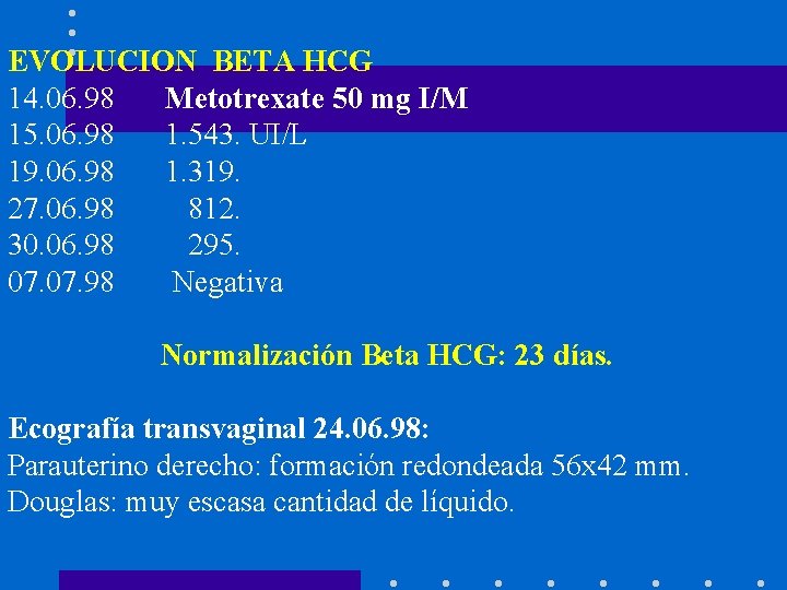 EVOLUCION BETA HCG 14. 06. 98 Metotrexate 50 mg I/M 15. 06. 98 1.
