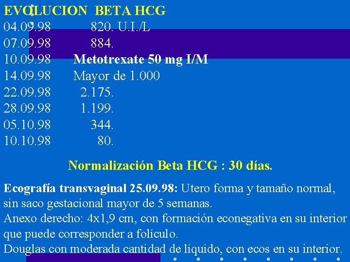 EVOLUCION BETA HCG 04. 09. 98 820. U. I. /L 07. 09. 98 884.