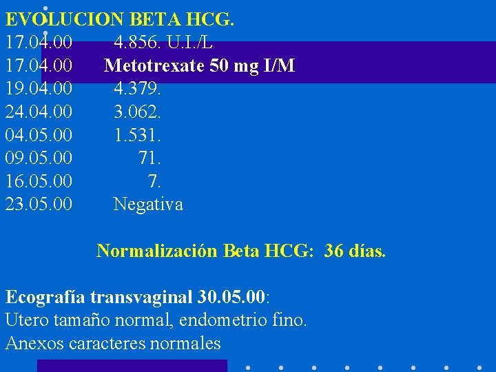 EVOLUCION BETA HCG. 17. 04. 00 4. 856. U. I. /L 17. 04. 00