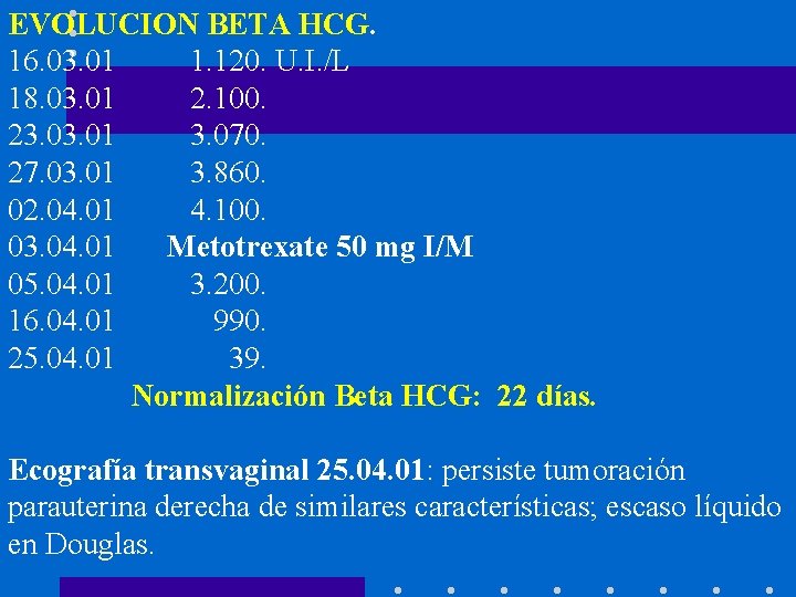 EVOLUCION BETA HCG. 16. 03. 01 1. 120. U. I. /L 18. 03. 01