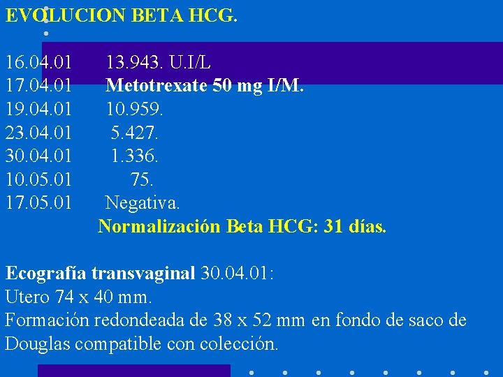 EVOLUCION BETA HCG. 16. 04. 01 13. 943. U. I/L 17. 04. 01 Metotrexate