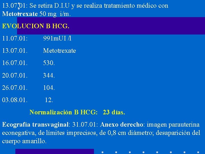 13. 07. 01: Se retira D. I. U y se realiza tratamiento médico con